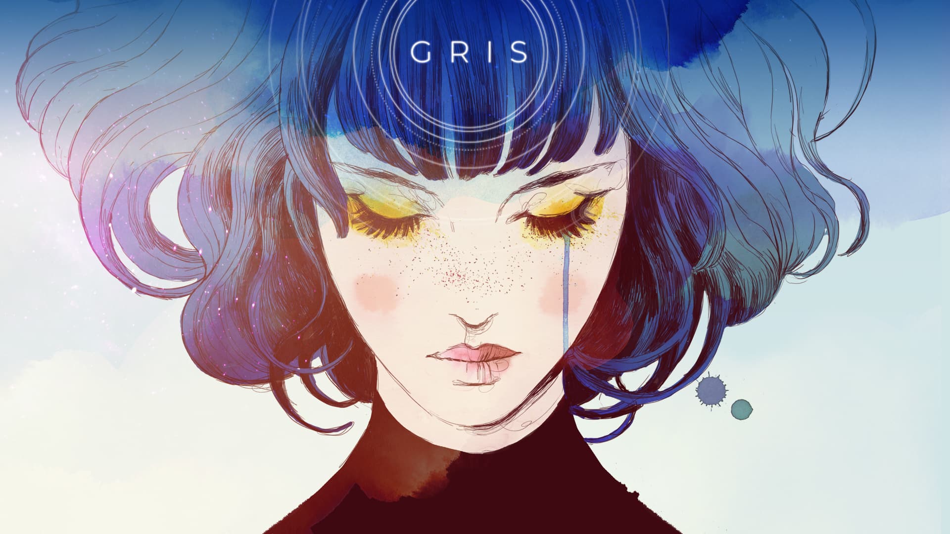 Key art created for the video game GRIS showing the face of the main character, a girl named Gris.