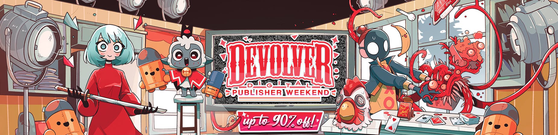 A banner image created for Devolver Digital's Steam Publisher Sale showing a variety of characters from Devolver-published games.